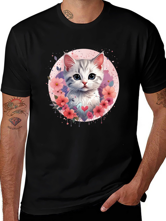 Cute Kitten Floral Heart T-Shirt - Black
