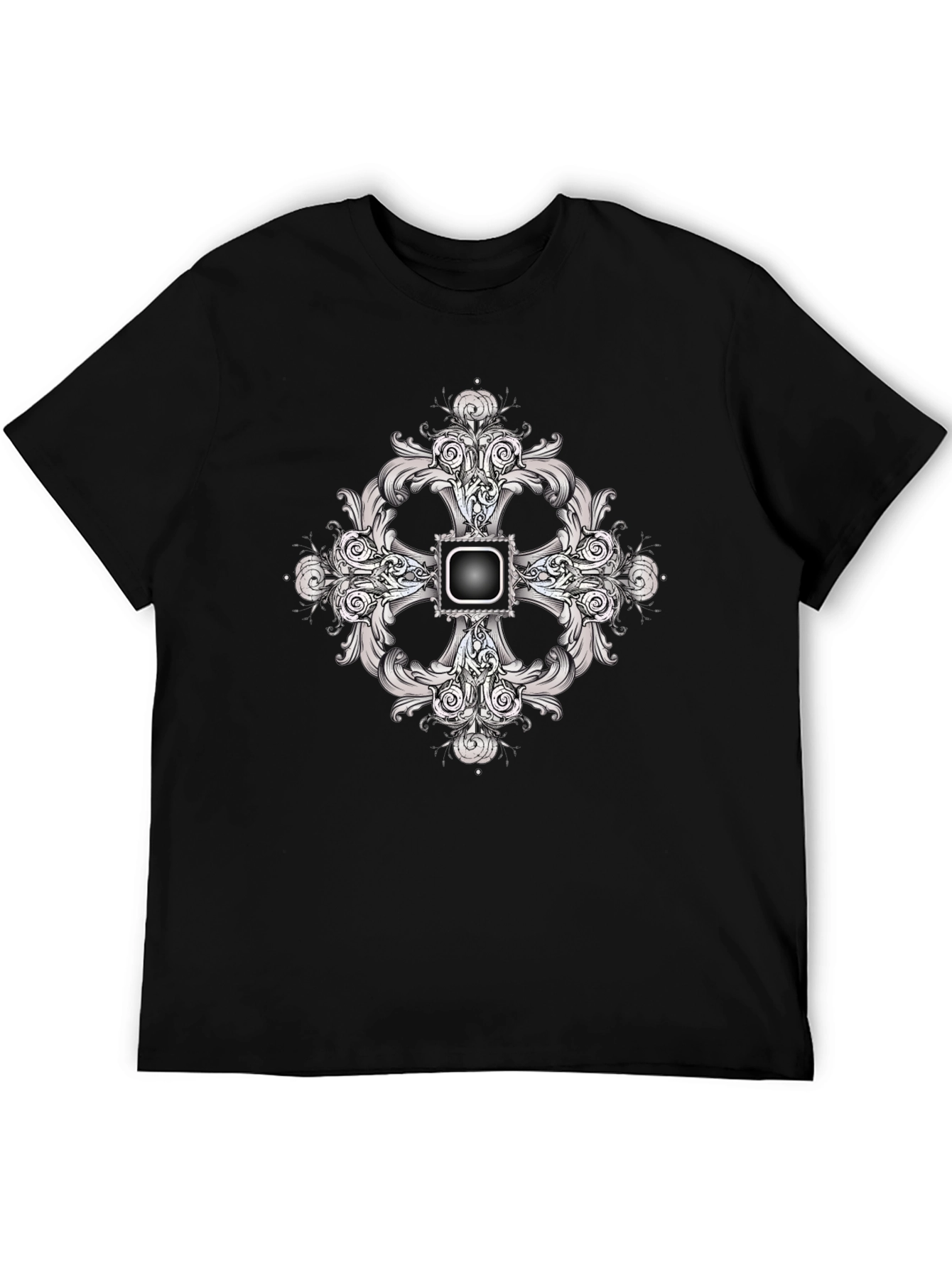 Black Tee with Ornate Cross Design