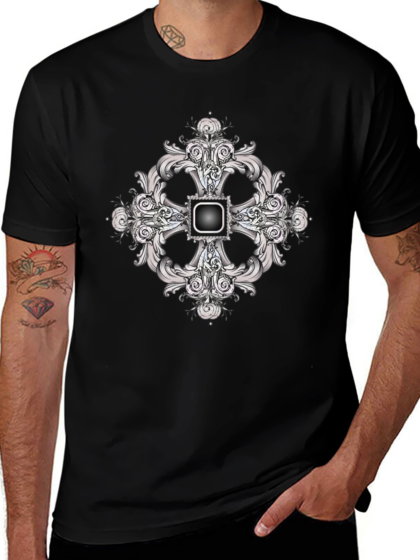 Black Tee with Ornate Cross Design
