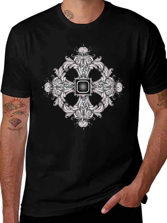 Black Tee with Ornate Cross Design
