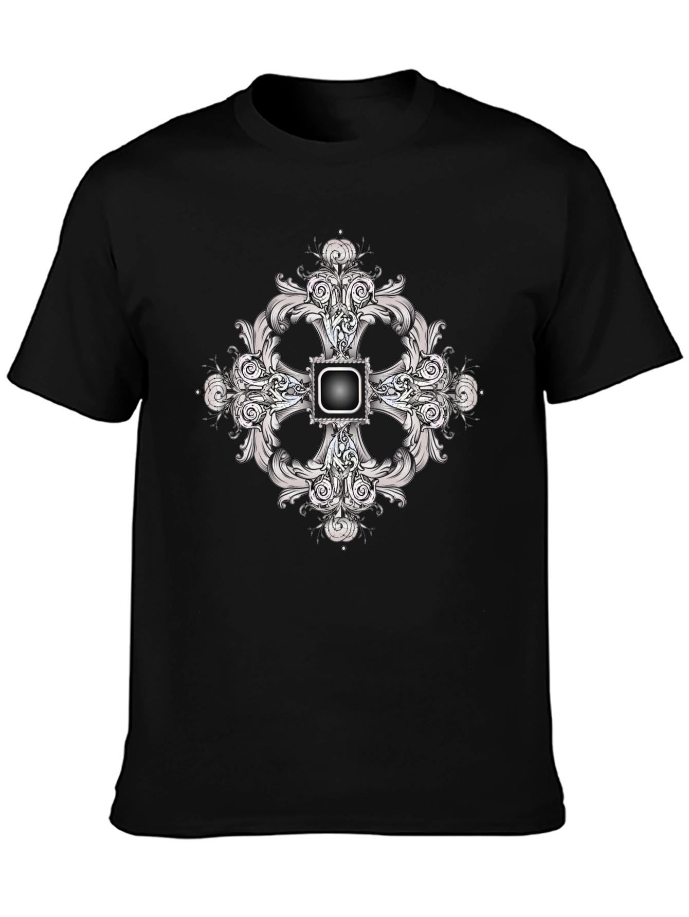Black Tee with Ornate Cross Design