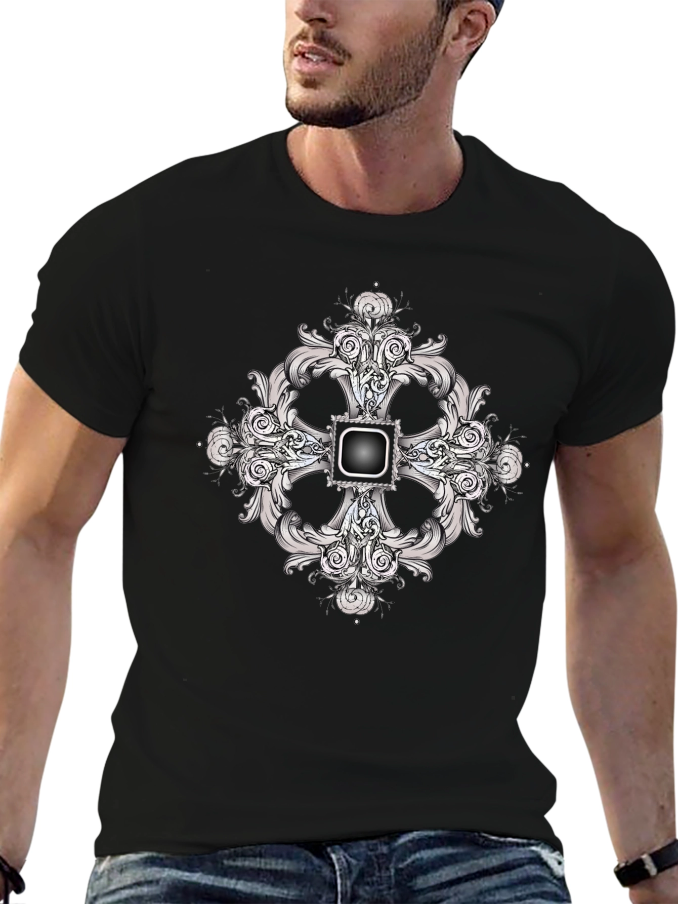 Black Tee with Ornate Cross Design