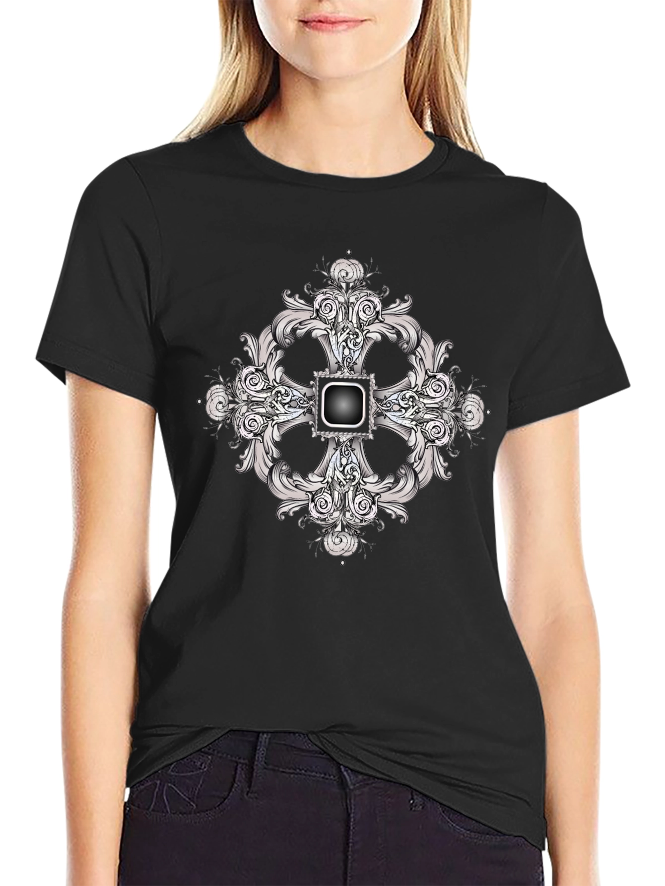 Black Tee with Ornate Cross Design
