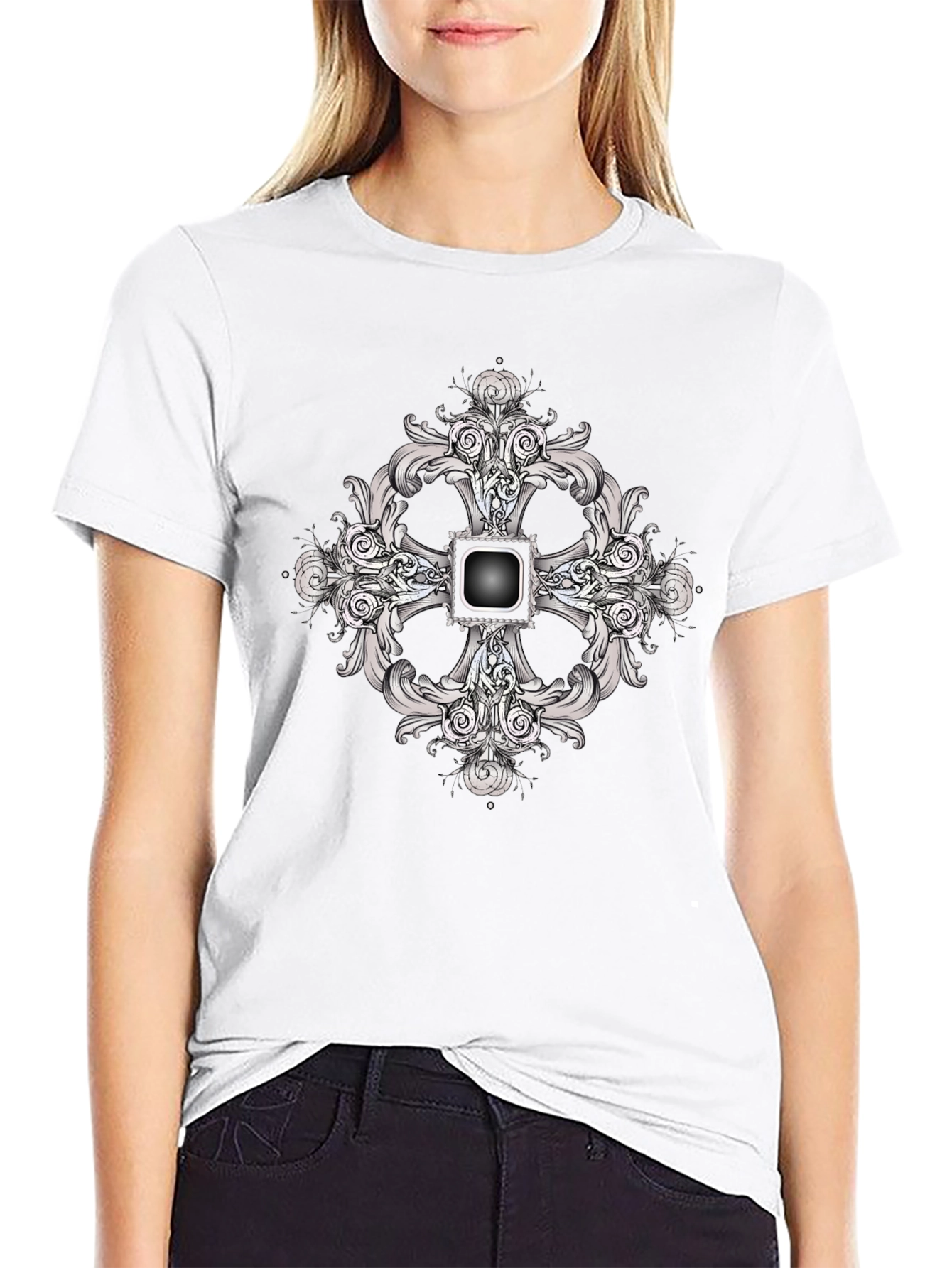 Black Tee with Ornate Cross Design