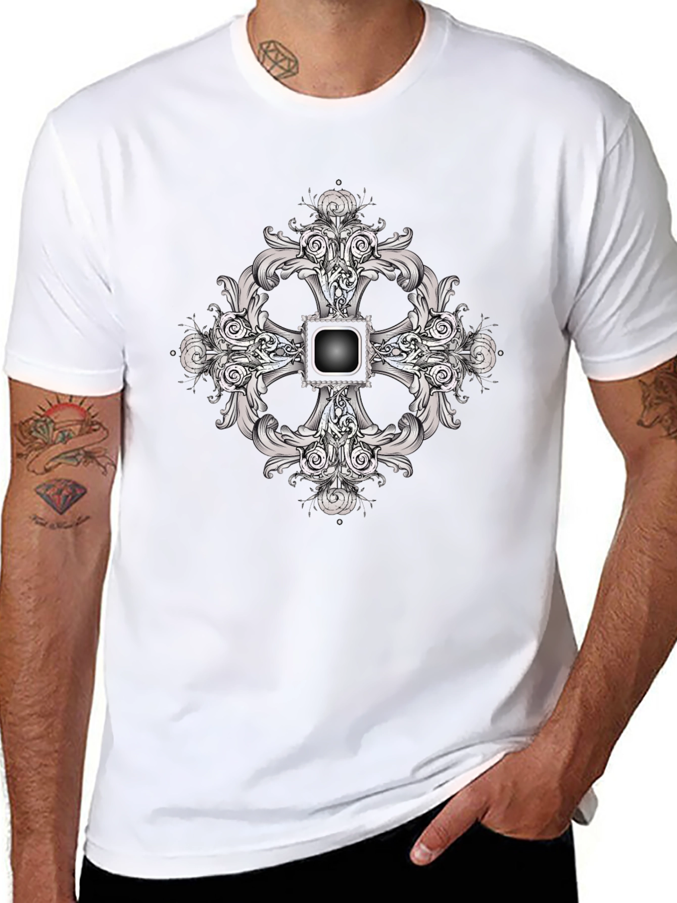 Black Tee with Ornate Cross Design
