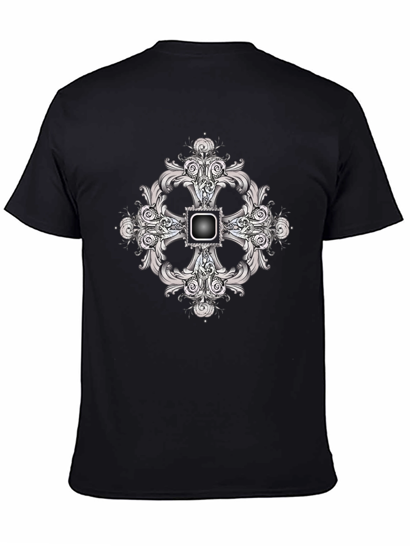 Black Tee with Ornate Cross Design