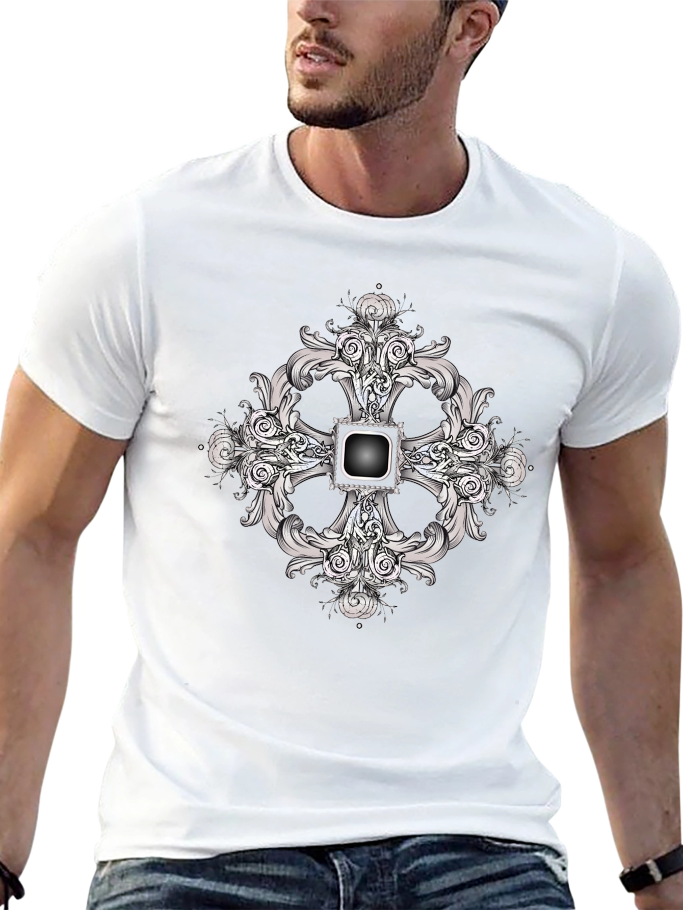 Black Tee with Ornate Cross Design