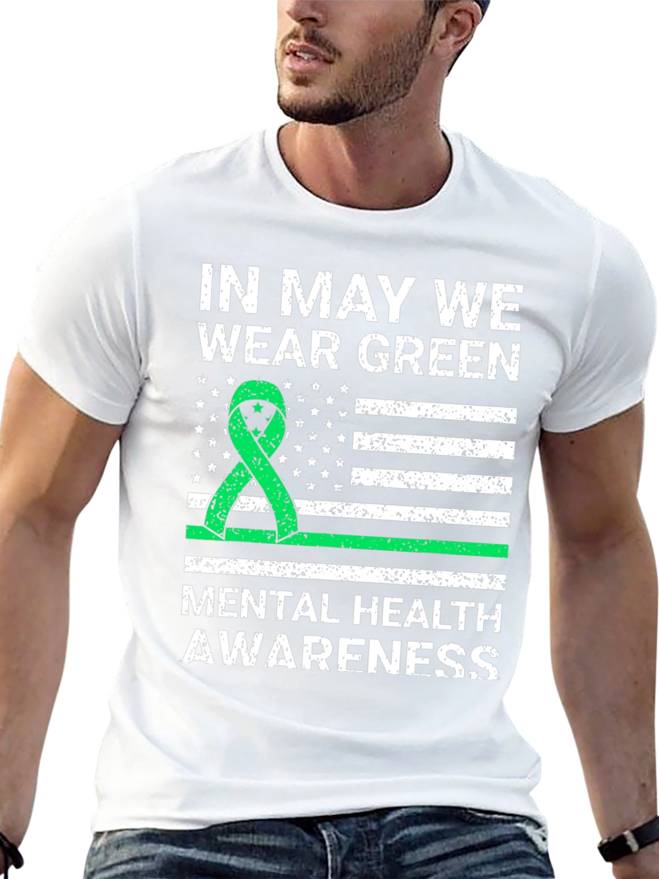 Mental Health Awareness Green Ribbon USA Flag T-Shirt