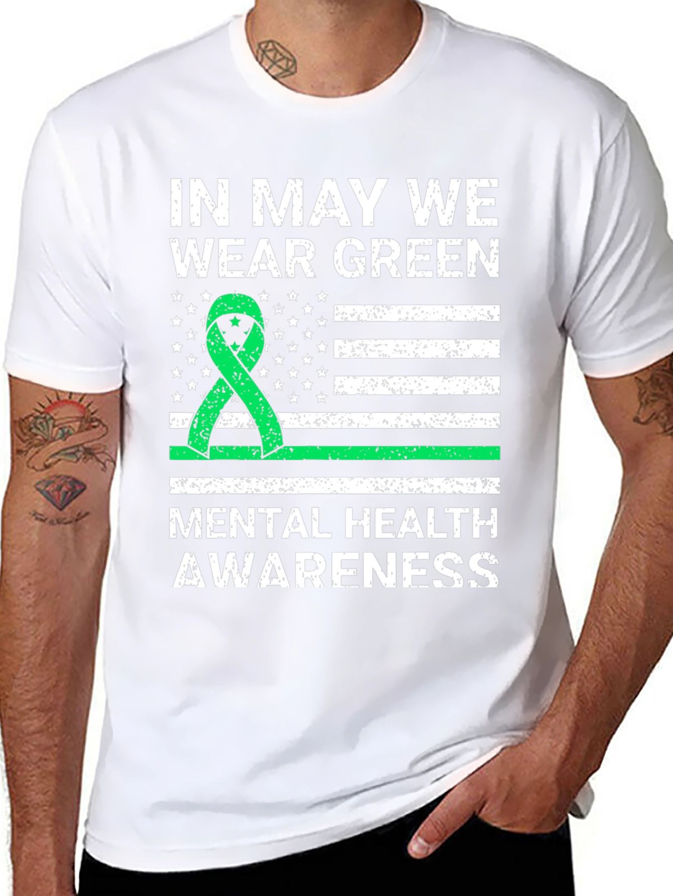 Mental Health Awareness Green Ribbon USA Flag T-Shirt