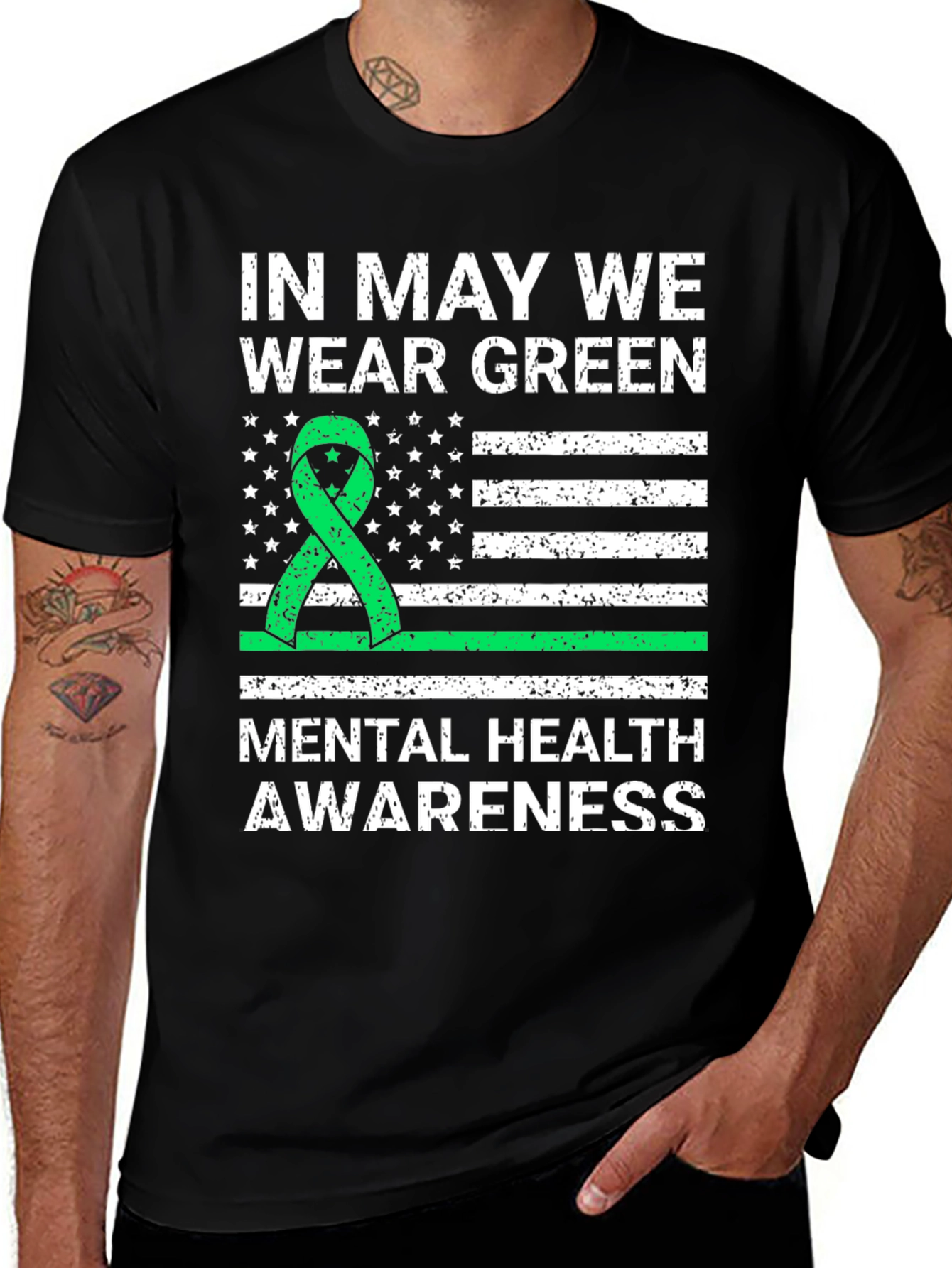 Mental Health Awareness Green Ribbon USA Flag T-Shirt