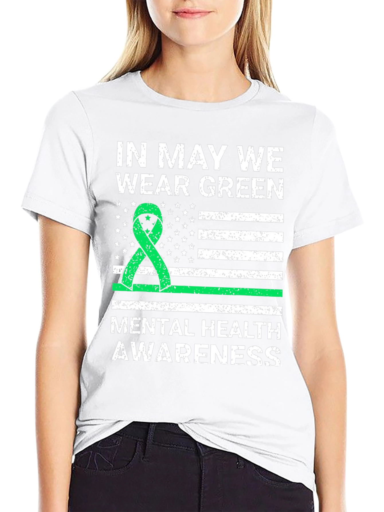 Mental Health Awareness Green Ribbon USA Flag T-Shirt
