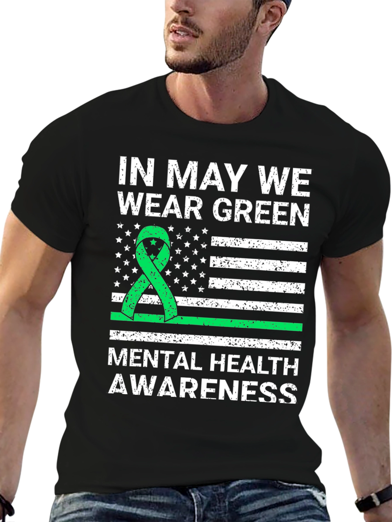 Mental Health Awareness Green Ribbon USA Flag T-Shirt
