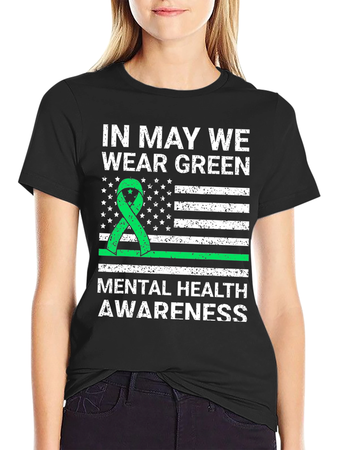 Mental Health Awareness Green Ribbon USA Flag T-Shirt